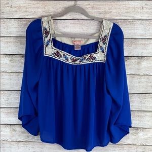 Anthro Flying Tomato Blue Embroidered Boho Top XL